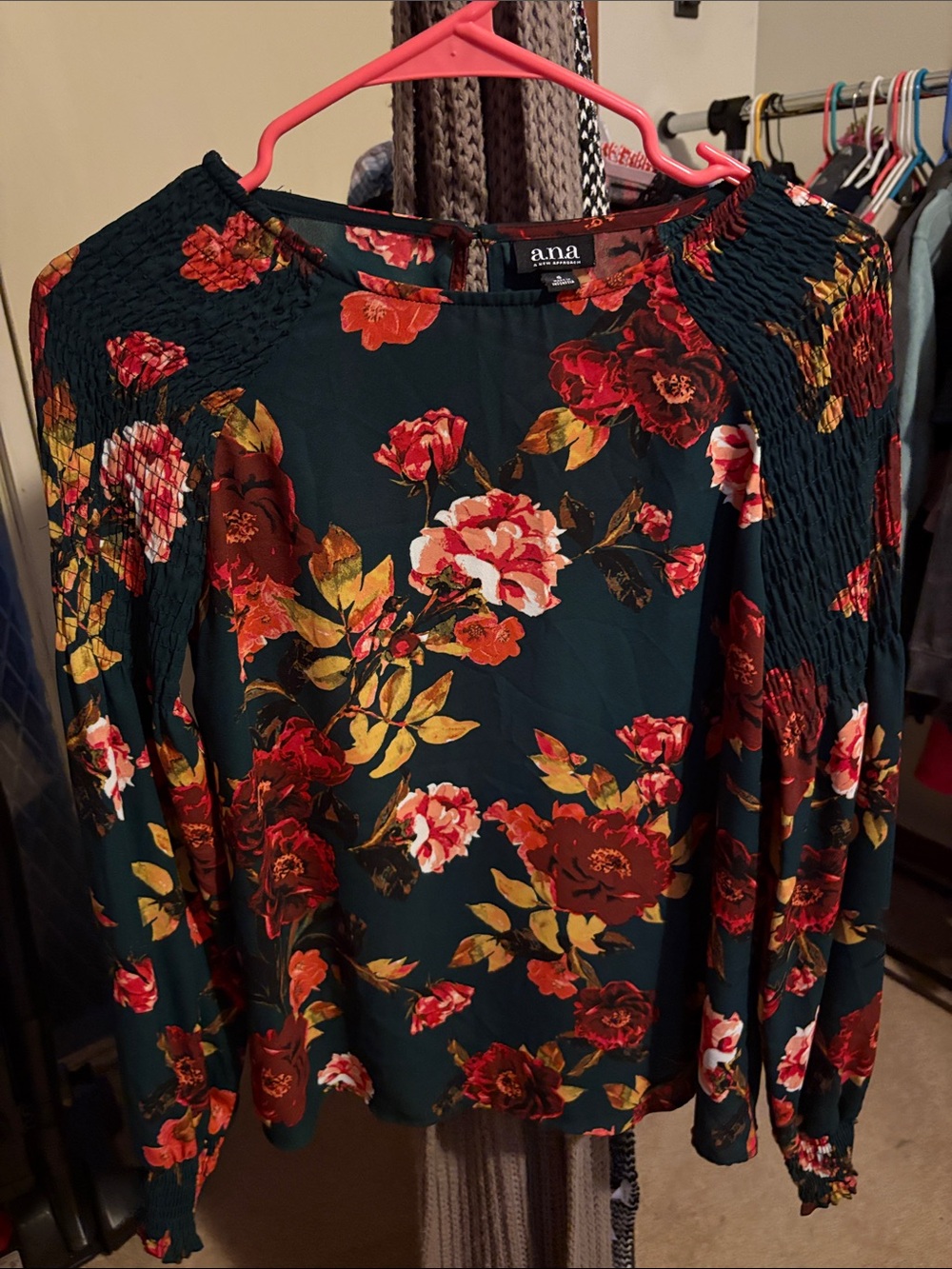 a.n.a Dark Green Floral Long-Sleeve Blouse with Red and Pink Blooms